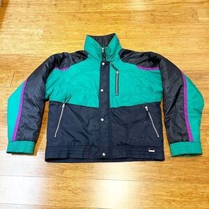 Edelweiss vintage 1990s green, purple blue ski jacket. Full zip w/ pockets. L